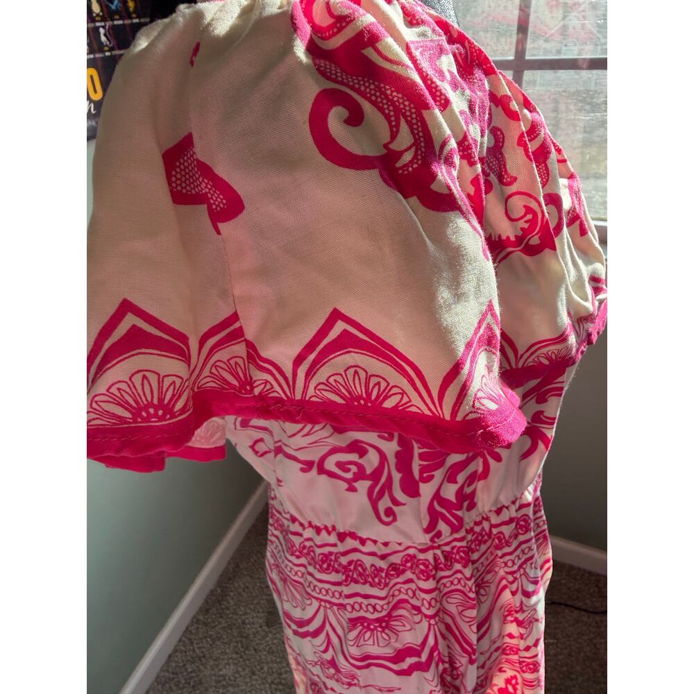 Flying Tomato Large Pink White Floral Print Off Shoulder Peasant Boho Mini Dress - Picture 6 of 8